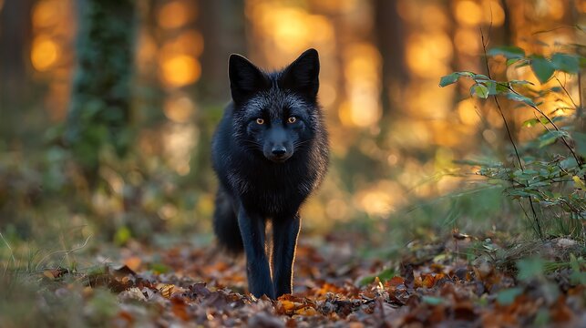 A rare melanistic black fox walking through an autumn forest.