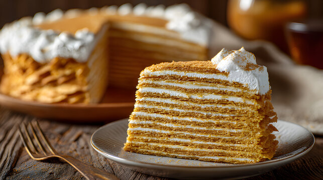 slice of layered honey cake medovik on plate
