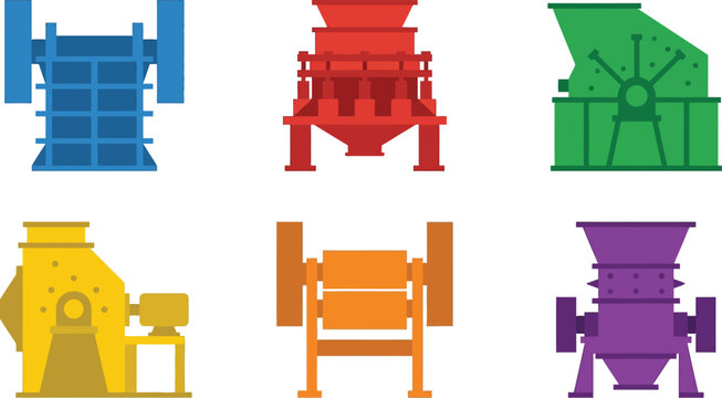 Set of colorful industrial crushing machines flat vector illustrations for heavy equipment and mining industry concepts isolated on white background