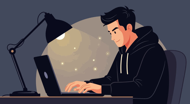Man coding late at night on laptop under a desk lamp