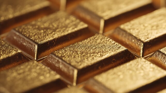 Stack of shimmering gold bullion bars in a close up view.
