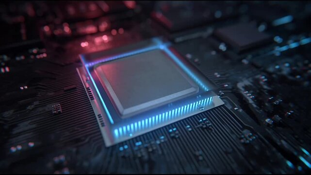 Closeup of a glowing microchip.