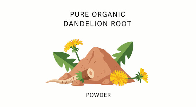 Pile of organic dandelion root powder with flowers and leaves