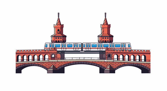 Pixel art depiction of an old stone bridge with train crossing towers