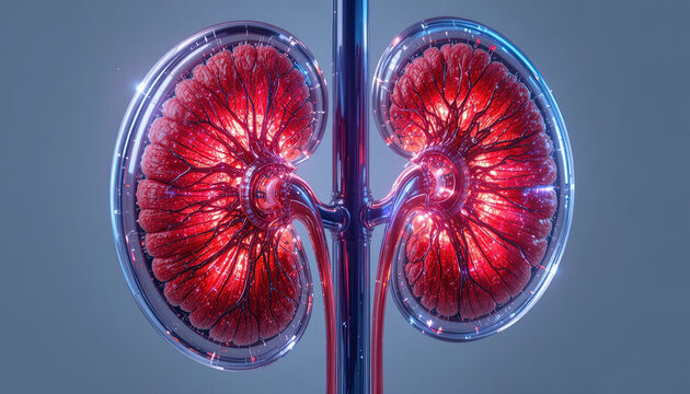 Human kidneys are displayed in a detailed medical visualization with glowing red structures and transparent borders.