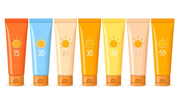 A row of colorful sunscreen tubes with different SPF ratings