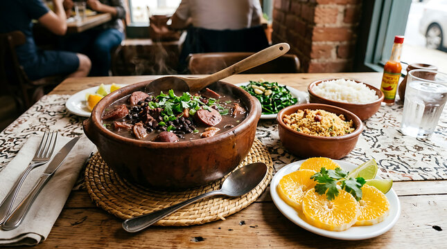 Steaming bowl of feijoada with rice, greens, and oranges on a wooden table in a restaurant