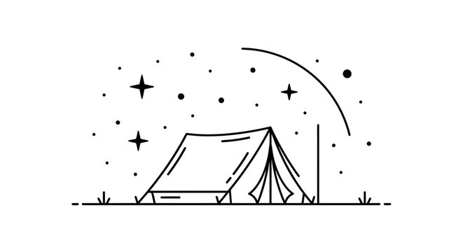 Minimalist tent line art icon under starry night sky.