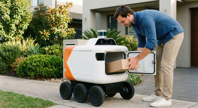 Man collecting parcel from smart delivery robot outside contemporary suburban house.