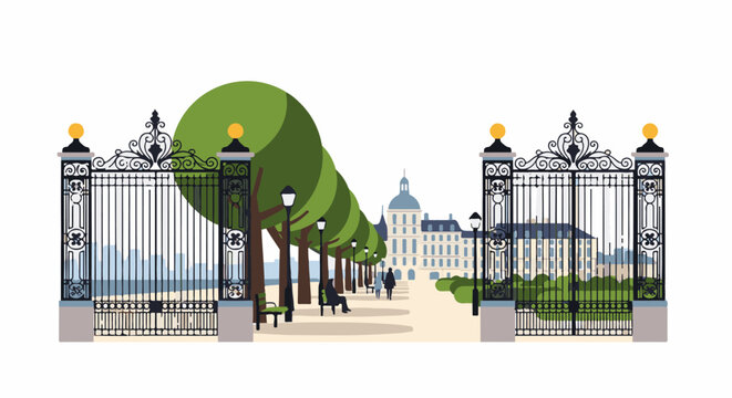 Ornate gates open to a tree-lined path leading to grand architecture