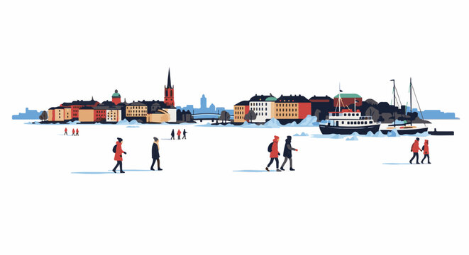 Pixelated winter cityscape with people walking on ice and boats docked