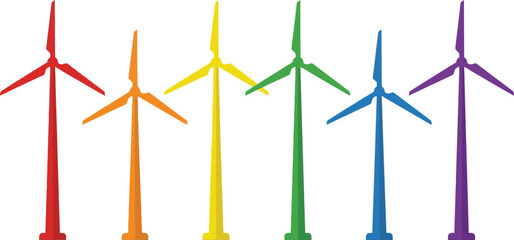 Fototapeta premium Five colorful wind turbines in a rainbow gradient depicting sustainable energy and eco-friendly power generation isolated on a white background