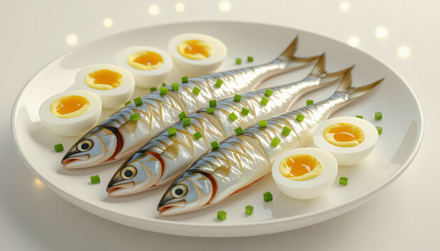 Fresh fish with soft-boiled eggs and green onion on white plate  
