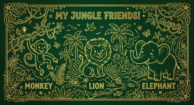 Jungle animals illustration with monkey, lion, elephant