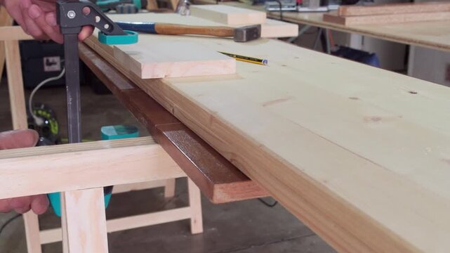 Close up of a woodworker placing a small protective wood block and securing timber planks using a one handed bar clamp on a workbench in a workshop.