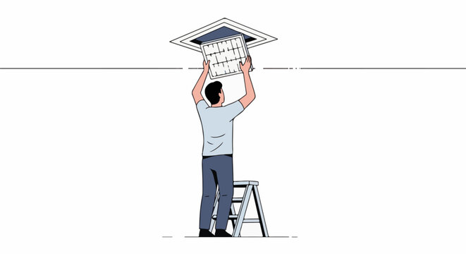 Person on ladder installing ceiling vent filter