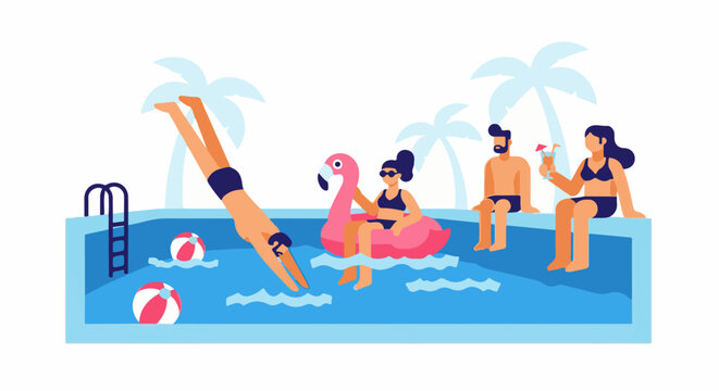 People enjoy a summer day by the pool with a diver, flamingo float, and drinks