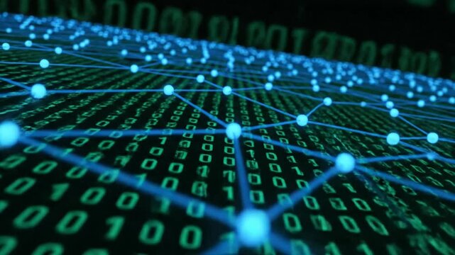 Digital network with binary code background.