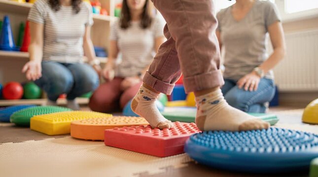 A child steps on colorful mats in a learning center as parents observe and encourage from the side. The activity focuses on movement and balance with simple fun