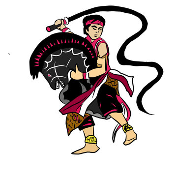 Vector illustration of a traditional Javanese Kuda Lumping dancer. Silhouette graphic element of Indonesian cultural heritage folk dance performance art.