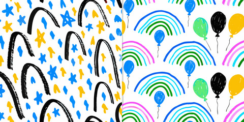 colorful rainbow and balloon pattern childlike hand drawn illustration © Dipu