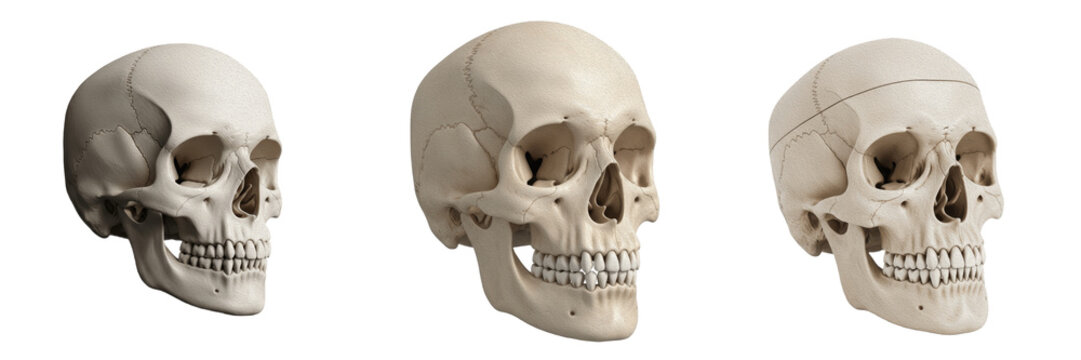 Detailed Human Skull Anatomical Models Showing Different Angles Isolated on White Background for Medical Education Research and Scientific Visualization Projects High Quality PNG Assets Featuring imag