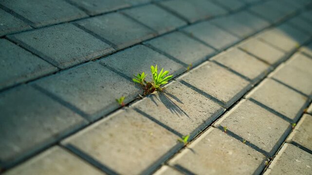 Green weeds sprouted through the stone-lined paving stones on the footpath. The grass makes its way through the seams and joints.