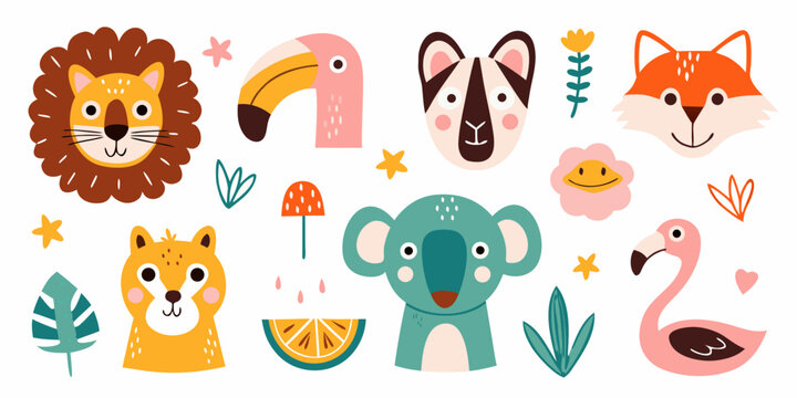 Stylized animal collection colorful vector illustration with white background