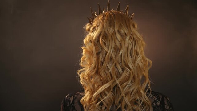Fantasy elf girl red lips makeup dark queen woman beauty face walking turning around looking back. black dress blonde hair long curly wavy hairstyle fashion model posing golden crown victorian style.