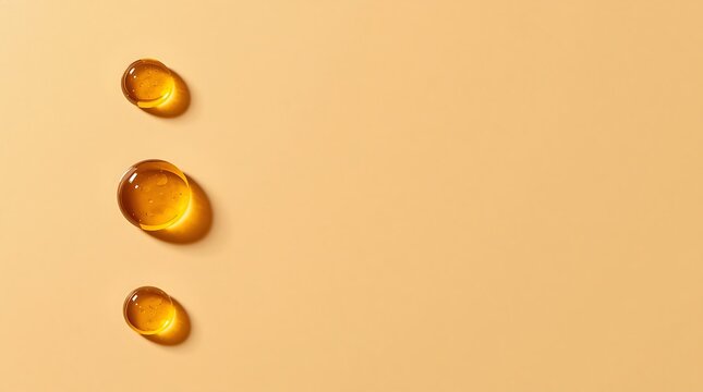 Three golden drops of liquid arranged vertically on a light brown background.