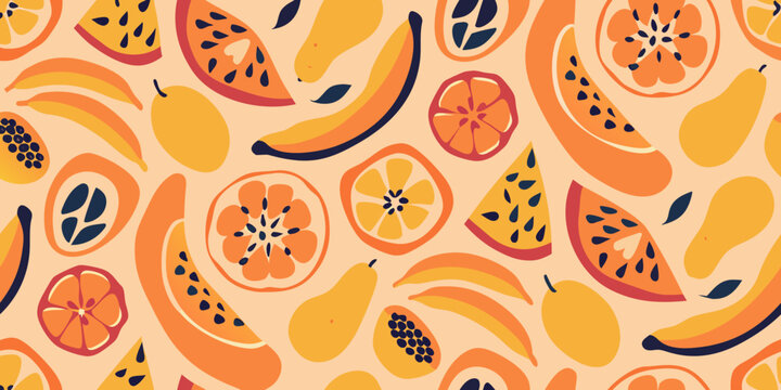 Tropical fruit pattern with mangoes bananas and oranges