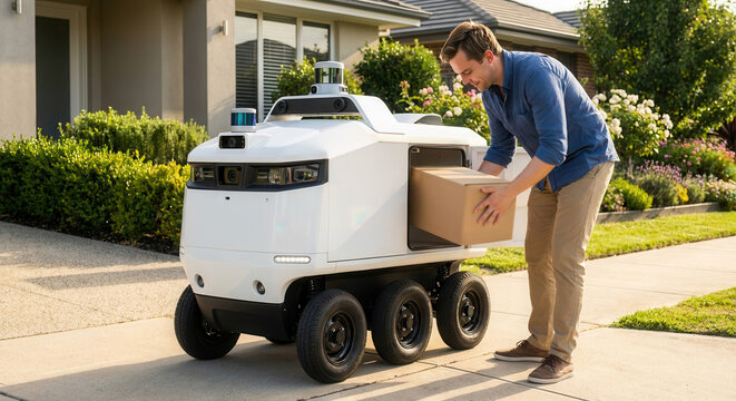 Smart Autonomous Courier Robot Delivering Package In Suburban Neighborhood