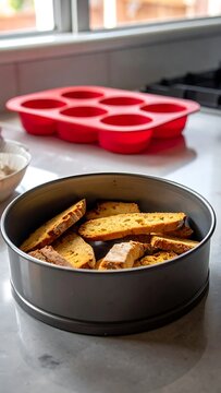 A kitchen counter with a bowl of bread and a red mold