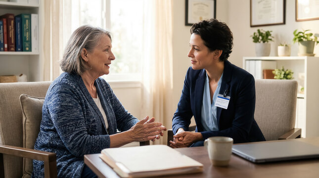 Senior woman speaking with care counselor during home healthcare consultation