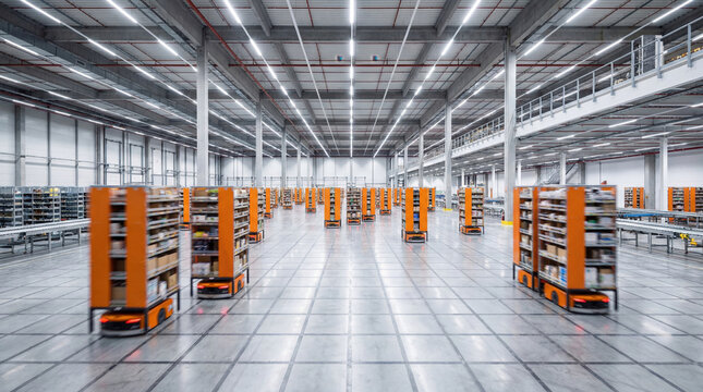 Automated robots carrying inventory shelves inside large distribution center