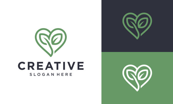 Eco-friendly heart with leaves logo design concept, representing nature, growth, and love for the environment. A symbol of organic wellness and sustainable living