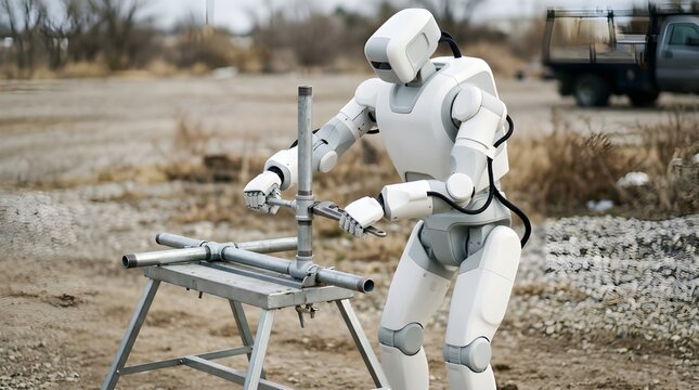 White humanoid robot assembling metal pipes on a stand outdoors 