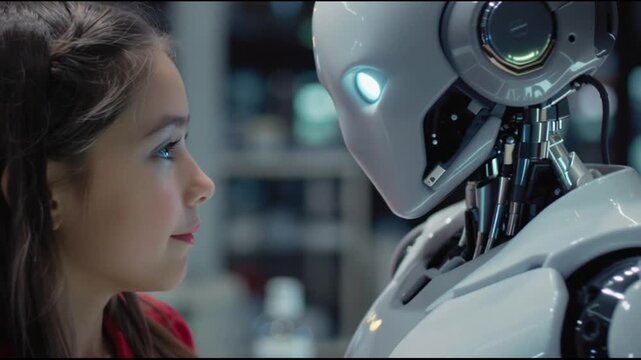 Girl looking at robot face closely.