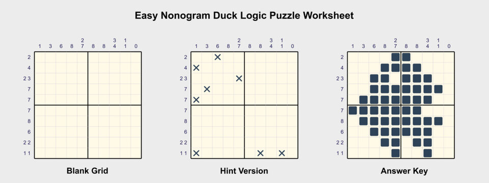 Easy nonogram duck puzzle worksheet with blank grid, hint example and completed pixel duck solution. Puzzle game concept for logic training and education