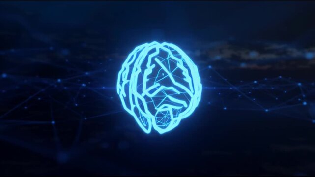 Glowing blue brain neon light effect.