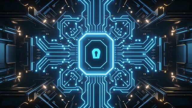 Cybersecurity Lock in Futuristic Data Center Background