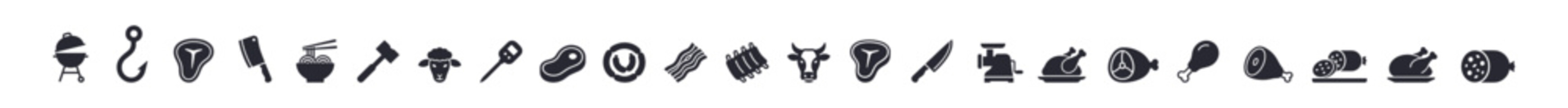 Fototapeta premium Set of meat and barbecue related black silhouette icons including grill, hook, steak, cleaver, noodles, hammer, lamb, sausage, bacon, ribs, cow, knife, meat grinder, chicken, ham