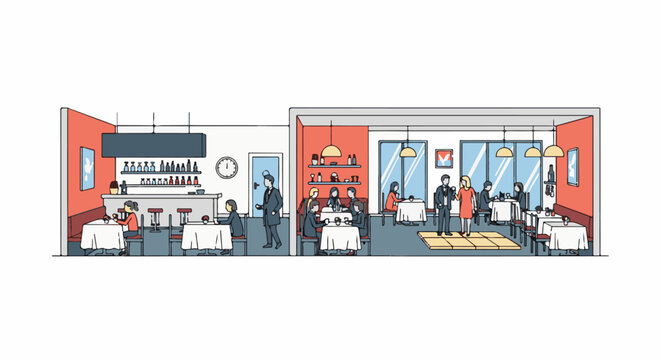 People dine and socialize in a stylish restaurant with a bar and dancing area