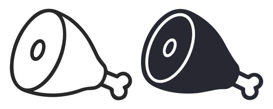 Vector illustration of outlined and filled ham leg icons with bone on transparent background
