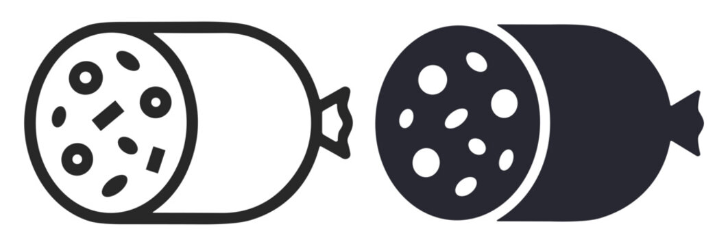 Vector icons of salami sausage slices showing different styles of monochrome illustrations on transparent background