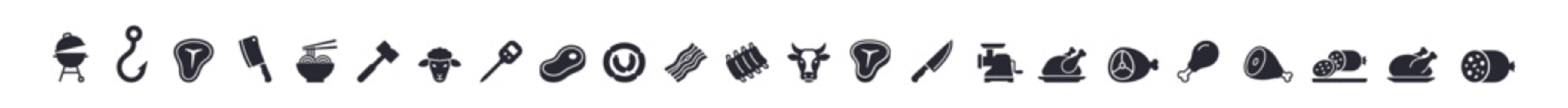 Set of meat and barbecue related black silhouette icons including grill, hook, steak, cleaver, noodles, hammer, lamb, sausage, bacon, ribs, cow, knife, meat grinder, chicken, ham