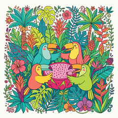 Obraz premium Colorful Vector Illustration of Tropical Birds and Fruits in Decorative Organic Style