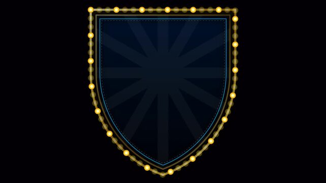Royal shield crest retro marquee frame with vintage gold borders and flashing theater bulbs.