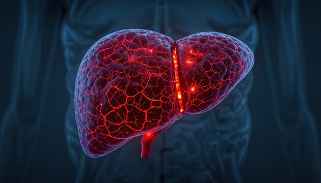 Human liver anatomy is highlighted with glowing vascular patterns against a dark background.