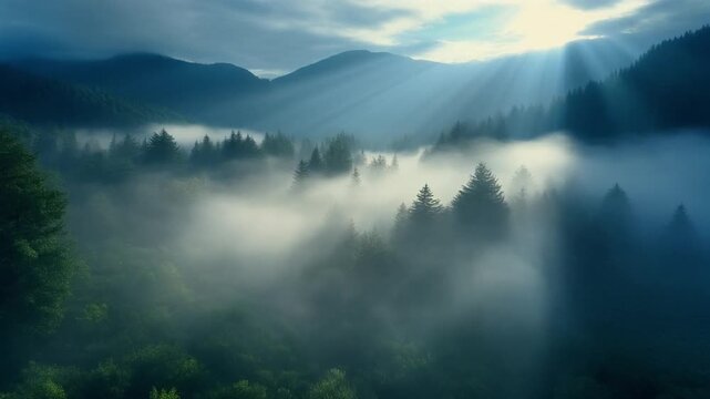 Misty evergreen forest with sunbeams piercing through clouds in this cinematic nature video motion clip